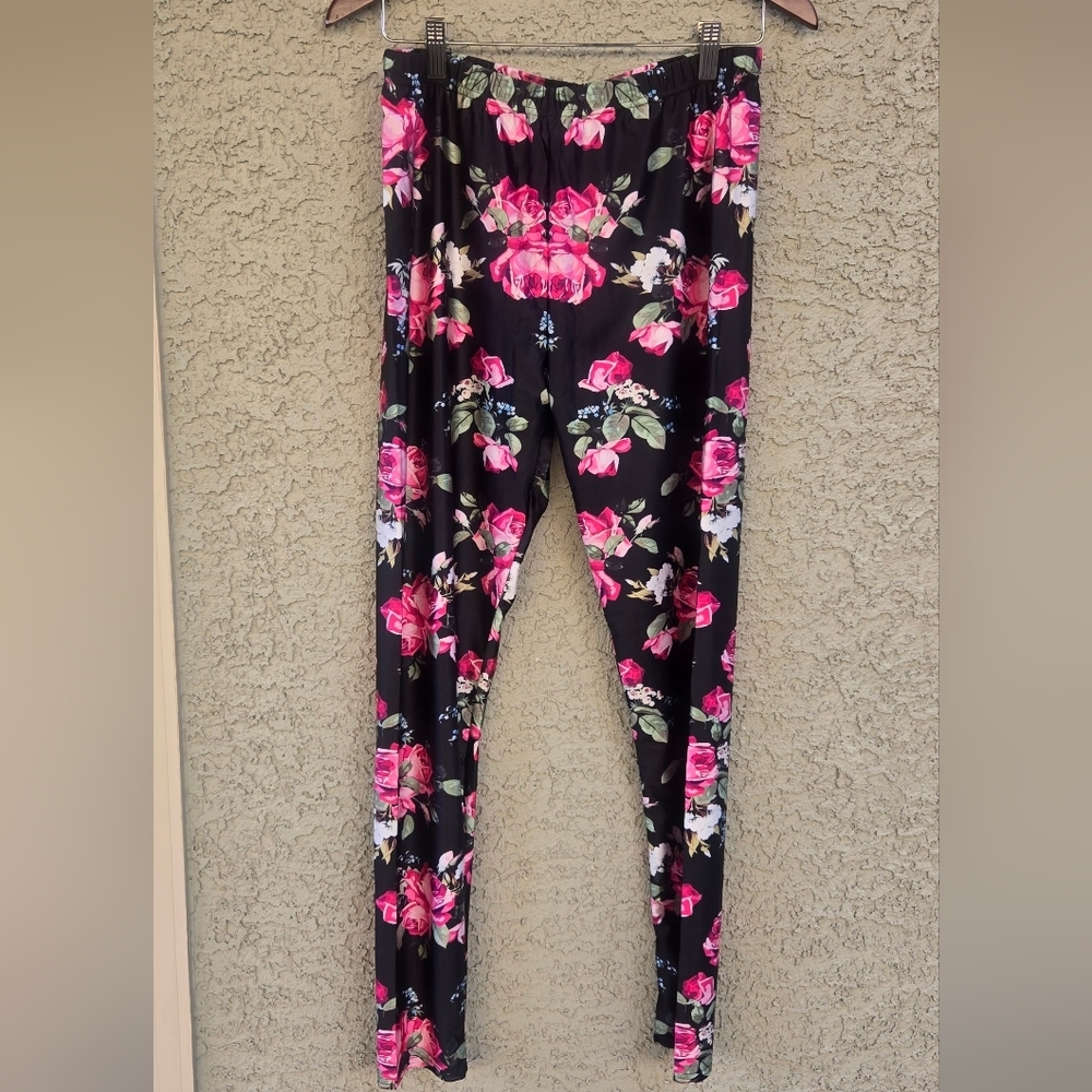 FANII black Satin Floral Leggings